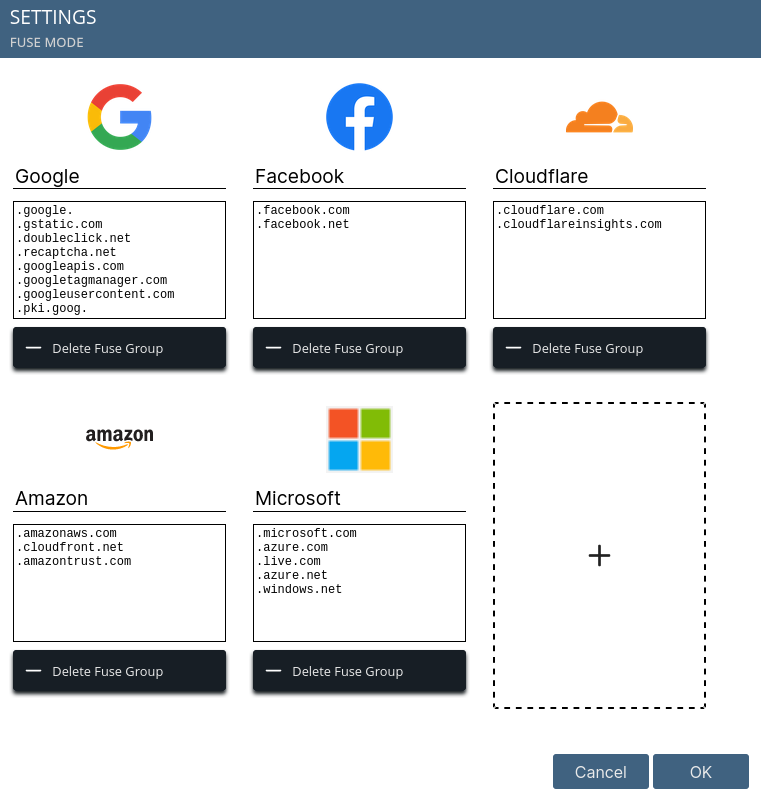 Settings for the fuse mode in Lightbeam